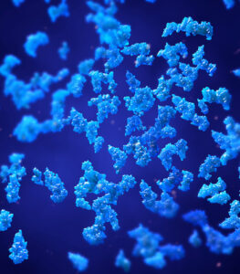 Blue specks on dark background to represent proteins